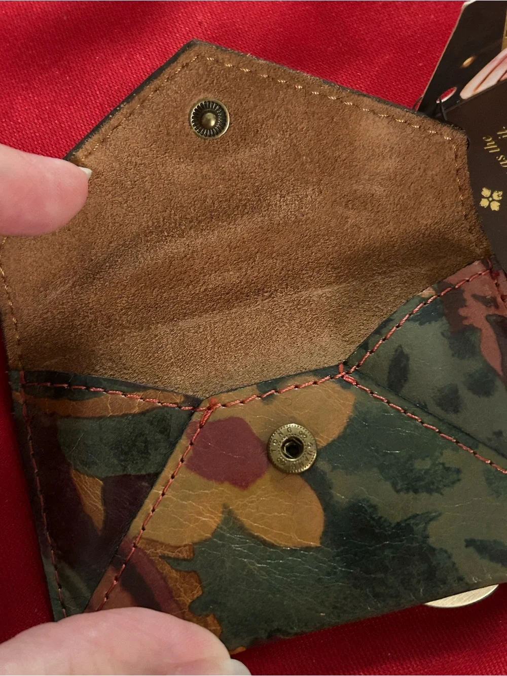 Patricia Nash Green and Brown Tropical Leather Card Wallet keychain